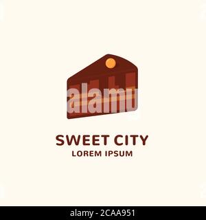 Cityscape Incorporated in a Cake Piece. Sweet City Abstract Vektor-Zeichen, Symbol oder Logo-Vorlage. Cute Cartoon Emblem für ein Café oder Stock Vektor