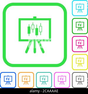 Präsentationstisch mit Kerzenständer-Diagramm lebendige farbige flache Symbole in geschwungenen Rändern auf weißem Hintergrund Stock Vektor