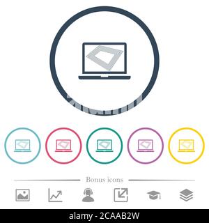 Bildschirmschoner auf Laptop flache Farbsymbole in runden Umrissen. 6 Bonus-Symbole enthalten. Stock Vektor