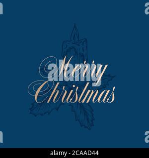 Frohe Weihnachten abstrakte Vektor Retro Label, Zeichen oder Karte Vorlage. Handgezeichneter Holly Branch mit Beeren und Kerze Skizze Illustration mit Retro Stock Vektor