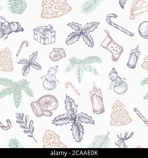 Hand Gezeichnet Weihnachten Vektor Nahtloses Hintergrundmuster. Schneemann, Sock, Holly, Fir-Nadel und Kerze Skizzen Karte oder Cover-Vorlage. Pastellfarben Stock Vektor
