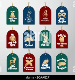 Weihnachten und Neujahr gebrauchsfertige goldene Glitzer Geschenkanhänger oder Etiketten Vorlagen Set. Handgezeichnete Weihnachtssymbole Skizzen mit Retro Typografie und Stock Vektor