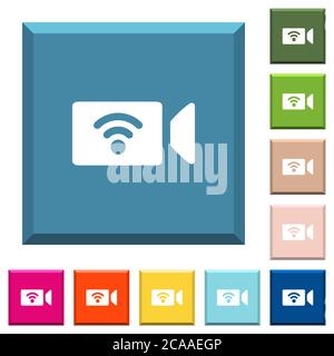 Weiße Symbole der Wireless-Kamera auf quadratischen Tasten in verschiedenen trendigen Farben Stock Vektor