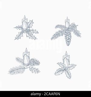 Frohe Weihnachten Handgezeichnete Weihnachtsillustrationen Set. Weihnachtsbaum oder Stechpalme mit Strobile und brennende Kerze mit Mistel. Pastellfarben. Stock Vektor
