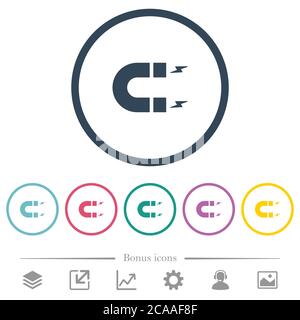 Hufeisenmagnet flache Farbsymbole in runden Umrissen. 6 Bonus-Symbole enthalten. Stock Vektor