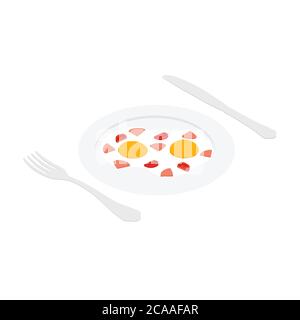 Spiegelei mit Schinken, Wurst und Tomate auf Teller, Gabel und Messer isometrische Ansicht. Frühstück. Vektor Stock Vektor
