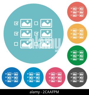 Auswahl mehrerer Bilder mit Kontrollkästchen flache weiße Symbole auf runden farbigen Hintergründen Stock Vektor