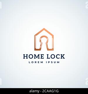 Abstraktes Vektorzeichen, Symbol oder Logo-Vorlage. Home Schloss Immobilien Symbol. Lock Hole in a House Frame mit moderner Typografie. Stock Vektor