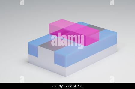 3D-Rendering des planaren CMOS-Transistors. Metalloxid-Halbleiter-Feldeffekttransistor, der für den Bau von Halbleiterchips und integrierten Schaltungen verwendet wird. Pin Stockfoto