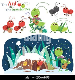 Vektor-Illustration der Ameise und der Grasshopper. Märchenfiguren. Stock Vektor