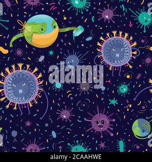 Nahtloses Vektormuster. Planet Erde als Zeichen Spray die Reinigung desinfizieren chemische COVID-19 Virus Pathogen zu desinfizieren. Szene mit einem Virus attac Stock Vektor