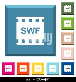 SWF-Film-Format weiße Symbole auf kantigen quadratischen Tasten in verschiedenen trendigen Farben Stock Vektor