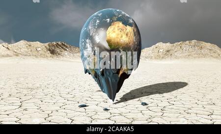 Planet Erde oder die Welt schmelzen in einem kargen und trockenen Land oder Wüste. Globale Erwärmung, Ökologie, Klimawandel 3D Rendering Illustration Konzept. Erde Stockfoto