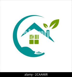 Home Pflege Logo Design Vektor. Blatt Hand und Haus Symbol Grafikkonzept Stock Vektor