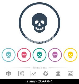Menschliche Schädel flache Farbe Symbole in runden Umrissen. 6 Bonus-Symbole enthalten. Stock Vektor