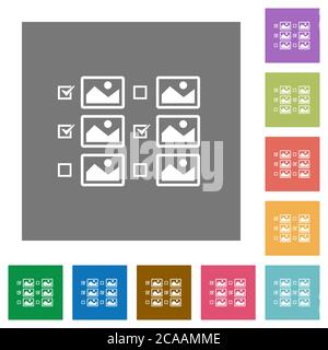 Auswahl mehrerer Bilder mit Kontrollkästchen flache Symbole auf einfachen farbigen quadratischen Hintergründen Stock Vektor