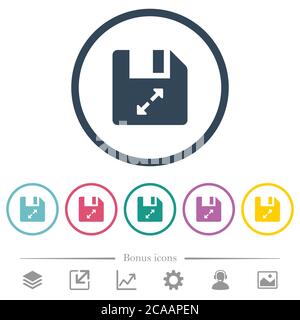 Dekomprimieren Sie flache Farbsymbole in runden Umrissen. 6 Bonus-Symbole enthalten. Stock Vektor
