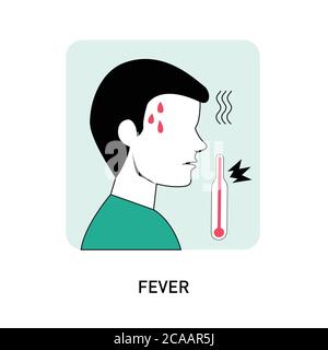 Fieber hohe Temperatur, junger Mann mit einem Thermometer, hohe Temperatur, Fieber, Krankheit Symbol. Vektorgrafik flach, isoliert auf weißem Hintergrund. Stock Vektor