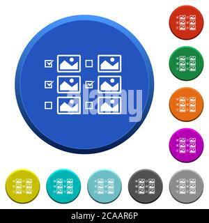 Auswahl mehrerer Bilder mit Kontrollkästchen mit abgerundeten farbigen Tasten mit glatten Oberflächen und flachen weißen Symbolen Stock Vektor