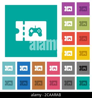 Spielzeuggeschäft Rabatt Gutschein mehrfarbige flache Symbole auf einfachen quadratischen Hintergründen. Weiße und dunklere Symbolvarianten für schwebe- oder aktive Effekte. Stock Vektor