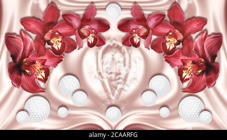 Rote Orchideen und Kugeln auf seidenem Hintergrund. Feier 3d Hintergrund Stockfoto