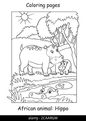 Vektor-Malvorlagen mit niedlichen Hippo Familie in afrikanischen Bereich. Karikatur Kontur Illustration isoliert auf weißem Hintergrund. Stock Illustration für colori Stock Vektor