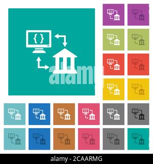 Open Banking API mehrfarbige flache Symbole auf einfachen quadratischen Hintergründen. Weiße und dunklere Symbolvarianten für schwebe- oder aktive Effekte. Stock Vektor