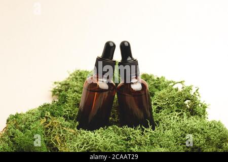 Zwei Serumglasflaschen mit Pipette auf dem grünen Moos. Natürliches organisches Spa Kosmetikkonzept. Vorderansicht. Stockfoto