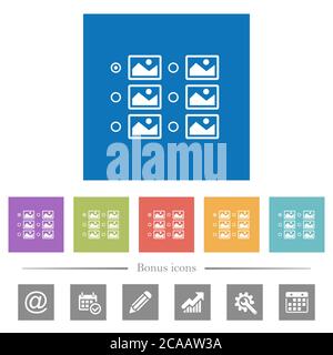 Einzelbild-Auswahl mit Optionsfeldern flache weiße Symbole in quadratischen Hintergründen. 6 Bonus-Symbole enthalten. Stock Vektor