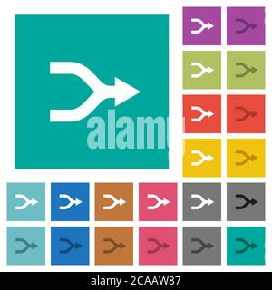 Zusammenführen von Pfeilen mehrfarbige flache Symbole auf einfachen quadratischen Hintergründen. Weiße und dunklere Symbolvarianten für schwebe- oder aktive Effekte. Stock Vektor