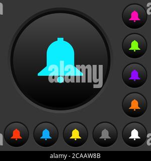Dunkle Drucktasten mit einer Glocke und lebendigen Farbsymbolen auf dunkelgrauem Hintergrund Stock Vektor