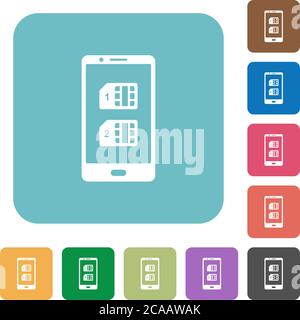 Dual SIM mobile weiße flache Symbole auf farbigen gerundeten quadratischen Hintergründen Stock Vektor