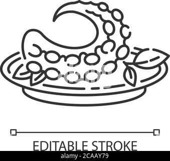 Polvo Pixel perfektes lineares Symbol. Portugiesische Krake. Traditionelles Gericht mit frischen Meeresfrüchten. Dünne Linie anpassbare Illustration. Kontursymbol. Ve Stock Vektor