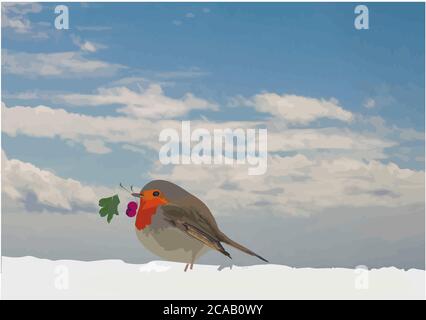 Eurasischer Bullfink mit Stechbeeren auf Schnee sitzend mit bewölkt Himmel auf einem Hintergrund Stockfoto