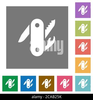 Schweizer Armee Messer flache Symbole auf einfache Farbe Quadrat Hintergründe Stock Vektor