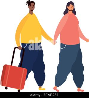 Interracial paar Reisende mit Koffern Avatare Zeichen Vektor Illustration Design Stock Vektor