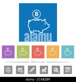 Bitcoin Sparschwein flache weiße Symbole in quadratischen Hintergründen. 6 Bonus-Symbole enthalten. Stock Vektor