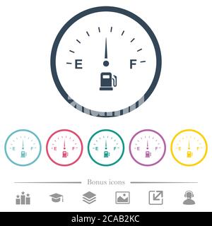 Flache Farbsymbole der Kraftstoffanzeige in runden Umrissen. 6 Bonus-Symbole enthalten. Stock Vektor