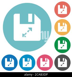 Dekomprimieren Sie flache weiße Symbole auf runden Farbhintergründen Stock Vektor