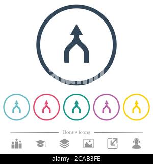 Pfeile nach oben zusammenführen flache Farbsymbole in runden Umrissen. 6 Bonus-Symbole enthalten. Stock Vektor