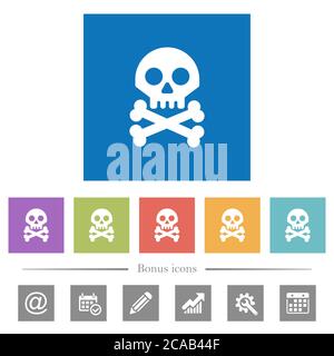 Totenkopf mit Knochen flache weiße Symbole in quadratischen Hintergründen. 6 Bonus-Symbole enthalten. Stock Vektor