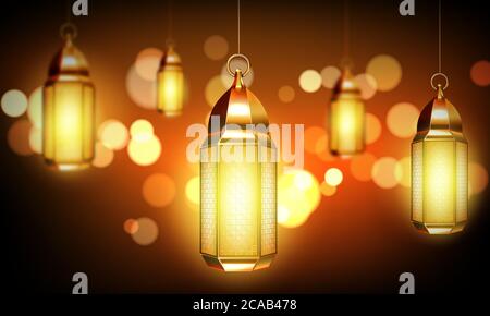 Arabische Lampen, goldene Laternen mit arabischem Ornament, Ring und brennende Kerzen. Zubehör für islamischen ramadan Urlaub.Vintage leuchtende Lichter auf verschwommenem Hintergrund realistische 3d-Vektor-Illustration Stock Vektor