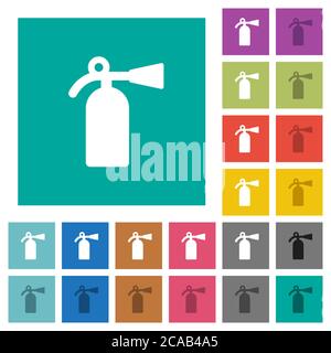 Feuerlöscher mehrfarbige flache Symbole auf einfachen quadratischen Hintergründen. Weiße und dunklere Symbolvarianten für schwebe- oder aktive Effekte. Stock Vektor