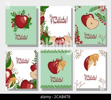 Vektor-Set von Postkarten für das jüdische Neujahr. Ernte. Äpfel. Rosh Hashanah. Stock Vektor