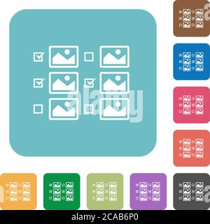 Auswahl mehrerer Bilder mit Kontrollkästchen für weiße flache Symbole auf abgerundeten quadratischen Hintergründen Stock Vektor