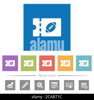 Rugby Rabatt Gutschein flach weiße Symbole in quadratischen Hintergründen. 6 Bonus-Symbole enthalten. Stock Vektor