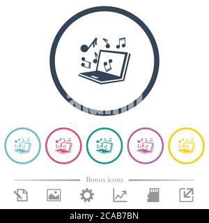 Laptop mit Musiksymbolen flache Farbsymbole in runden Umrissen. 6 Bonus-Symbole enthalten. Stock Vektor