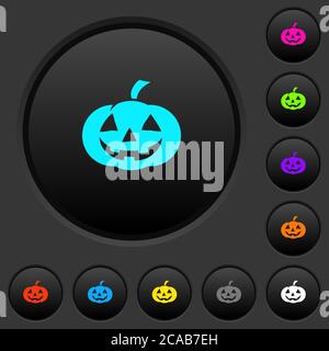 Halloween Kürbis dunkle Druckknöpfe mit lebendigen Farben Symbole auf dunkelgrauem Hintergrund Stock Vektor