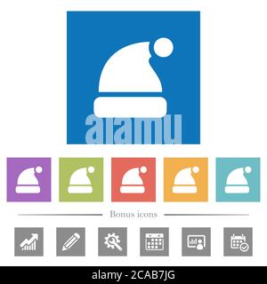 Santa hat flache weiße Symbole in quadratischen Hintergründen. 6 Bonus-Symbole enthalten. Stock Vektor