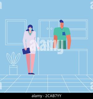 Professionelle Ärzte Paar trägt medizinische Masken Vektor Illustration Design Stock Vektor